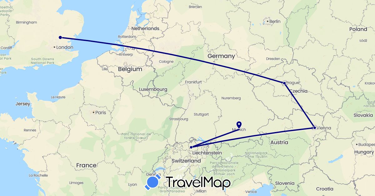 TravelMap itinerary: driving in Austria, Switzerland, Czech Republic, Germany, United Kingdom (Europe)