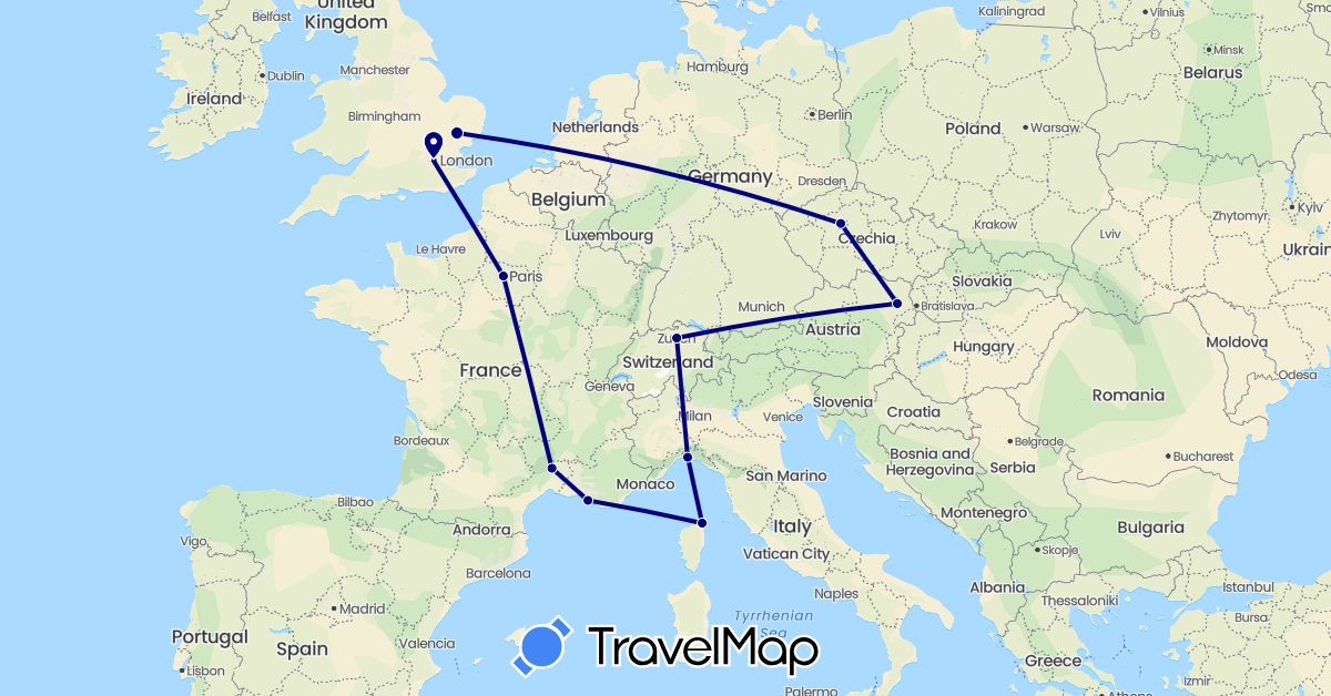 TravelMap itinerary: driving in Austria, Switzerland, Czech Republic, France, United Kingdom, Italy (Europe)