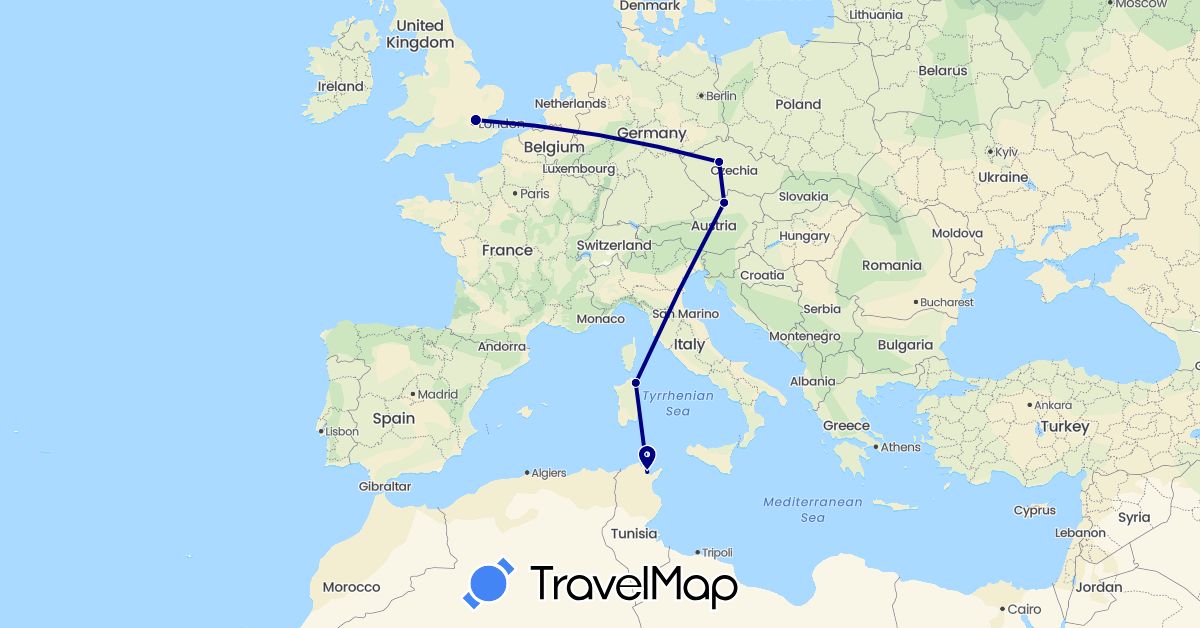TravelMap itinerary: driving in Austria, Czech Republic, United Kingdom, Italy, Tunisia (Africa, Europe)